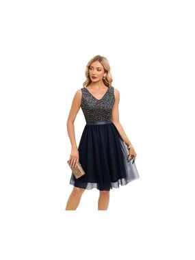 Meetjen Women's Dress Cocktail Dress Sequin Tulle Dress Short Sleeve Large